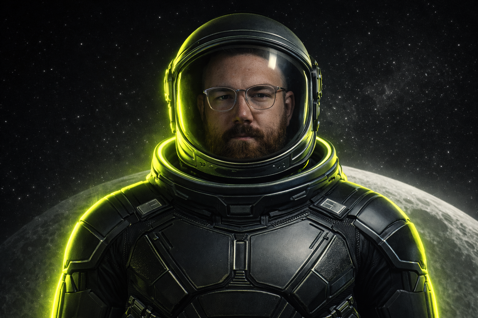 Designonaut als Astronaut vor dem Mond